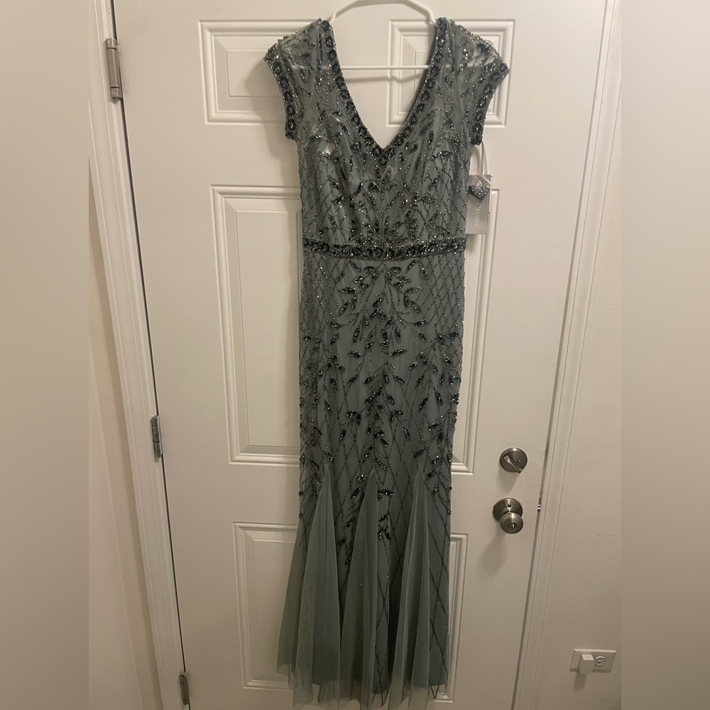 NWT - David’s Bridal Oleg Cassini Gray Blue Beaded Embellished Evening Gown